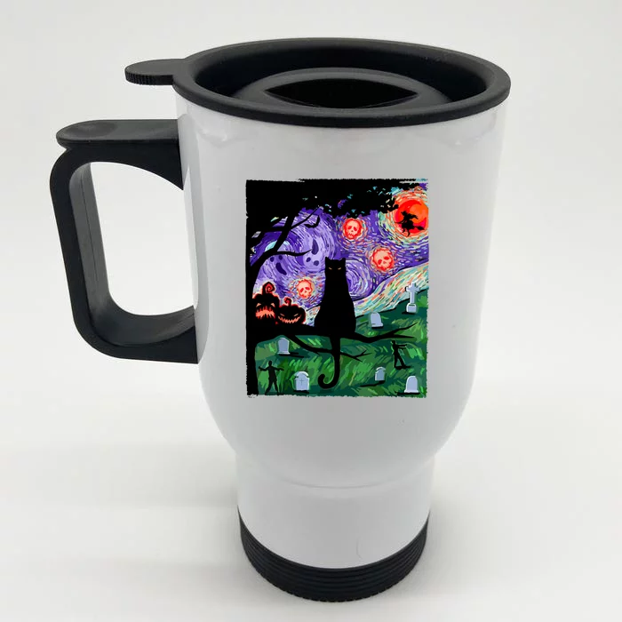 Cat Black Halloween Scary Night Cat Pumpkin Art Gift Front & Back Stainless Steel Travel Mug