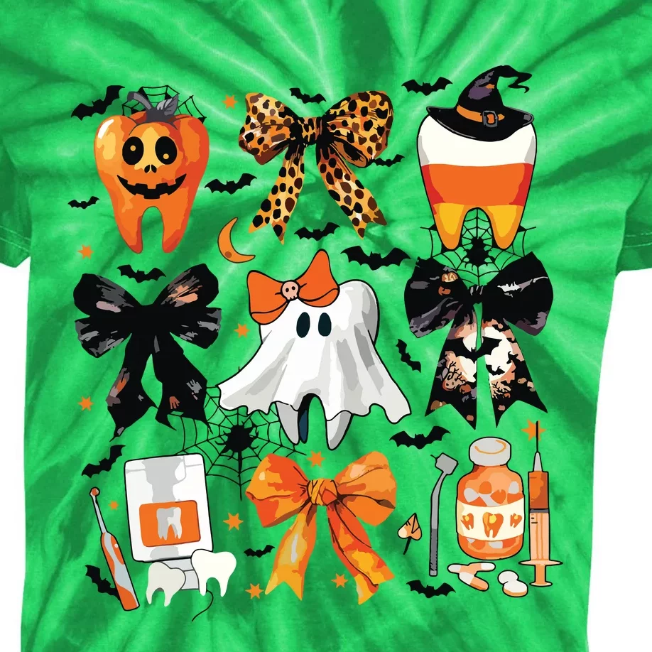 Coquette Bow Halloween Teeth Dentist Dental Assistant Ghost Kids Tie-Dye T-Shirt