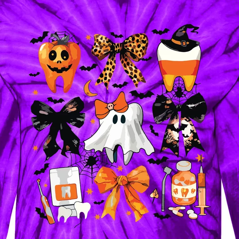 Coquette Bow Halloween Teeth Dentist Dental Assistant Ghost Tie-Dye Long Sleeve Shirt