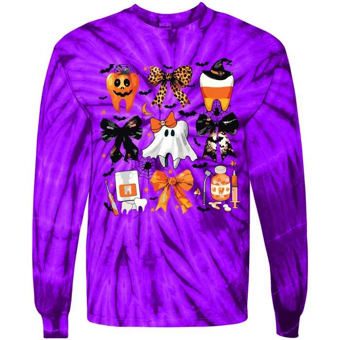 Coquette Bow Halloween Teeth Dentist Dental Assistant Ghost Tie-Dye Long Sleeve Shirt