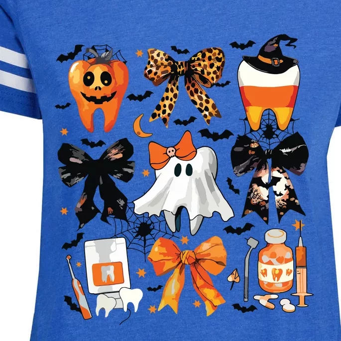 Coquette Bow Halloween Teeth Dentist Dental Assistant Ghost Enza Ladies Jersey Football T-Shirt