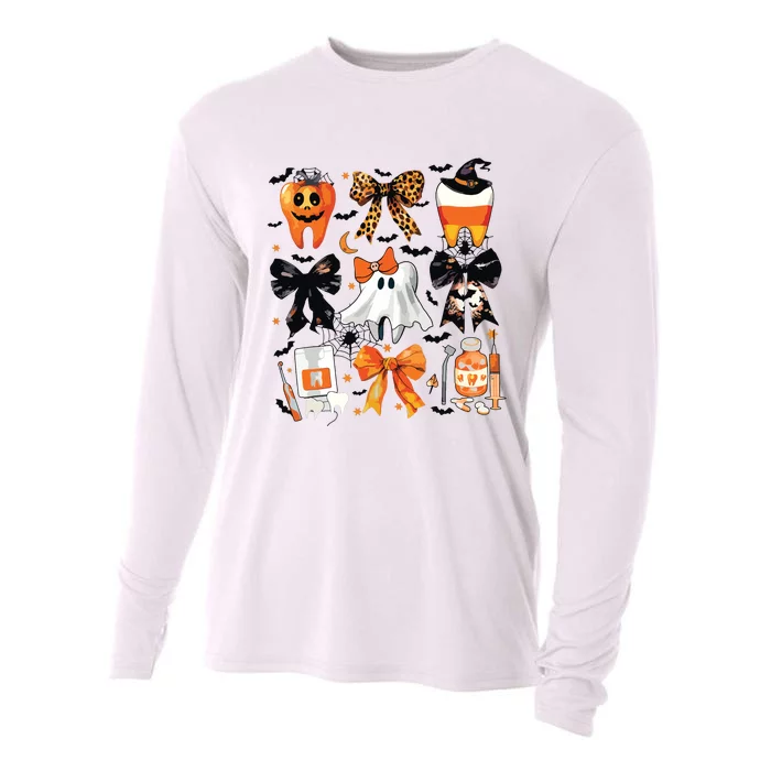 Coquette Bow Halloween Teeth Dentist Dental Assistant Ghost Cooling Performance Long Sleeve Crew