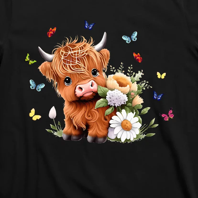 Cute Baby Highland Cow With Flowers Calf Animal Spring T-Shirt