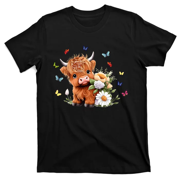 Cute Baby Highland Cow With Flowers Calf Animal Spring T-Shirt