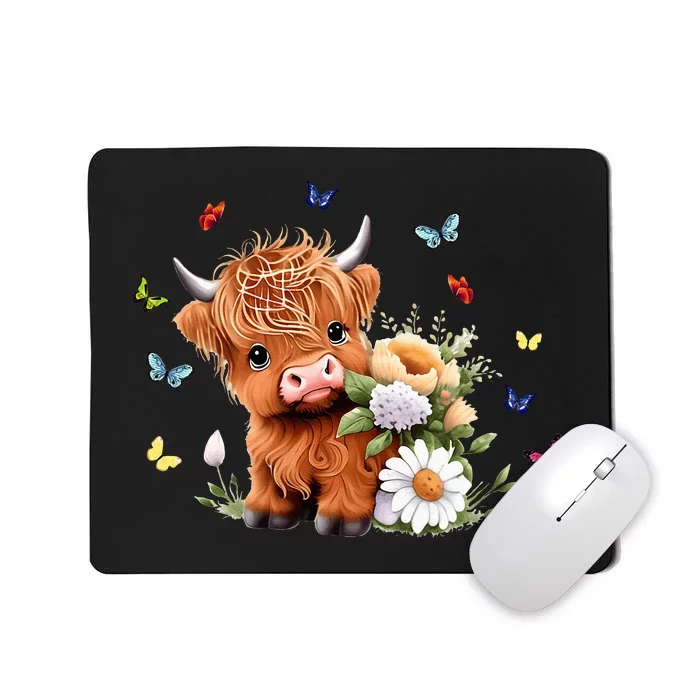 Cute Baby Highland Cow With Flowers Calf Animal Spring Mousepad