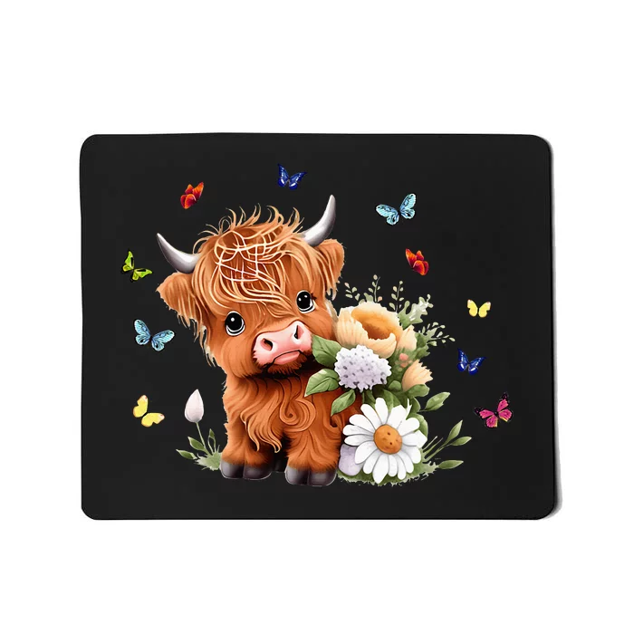 Cute Baby Highland Cow With Flowers Calf Animal Spring Mousepad