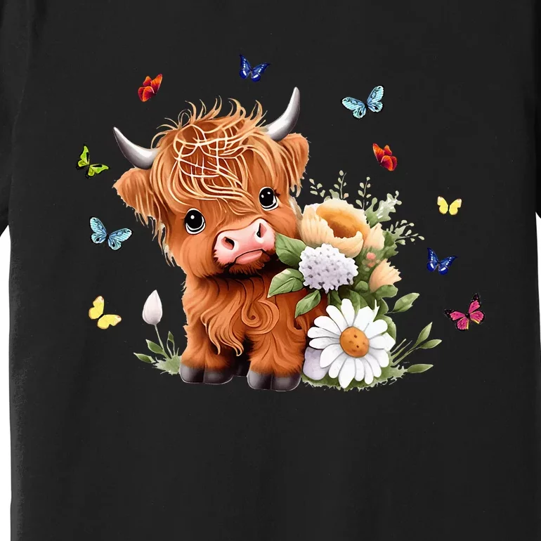 Cute Baby Highland Cow With Flowers Calf Animal Spring Premium T-Shirt