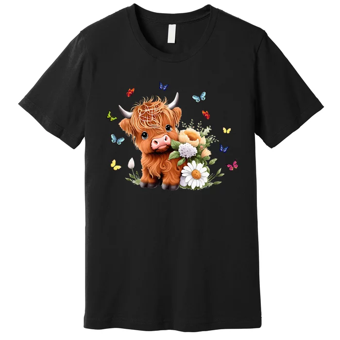 Cute Baby Highland Cow With Flowers Calf Animal Spring Premium T-Shirt