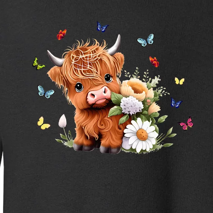 Cute Baby Highland Cow With Flowers Calf Animal Spring Toddler Sweatshirt