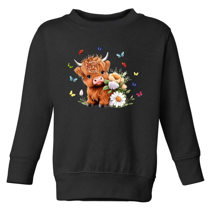 Cute Baby Highland Cow With Flowers Calf Animal Spring Toddler Sweatshirt