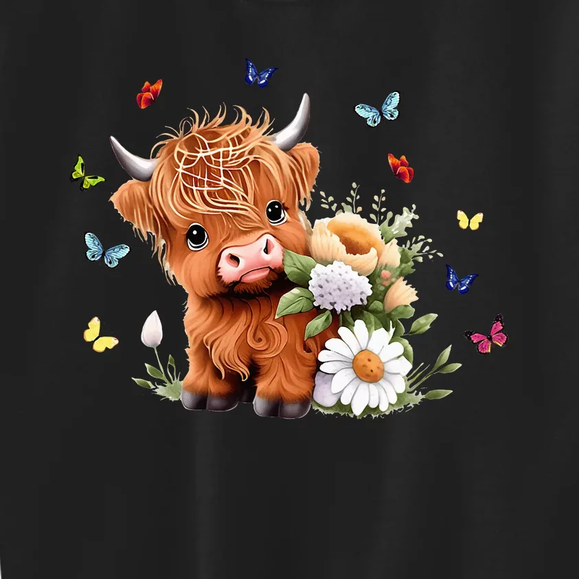 Cute Baby Highland Cow With Flowers Calf Animal Spring Kids Sweatshirt