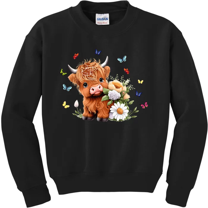 Cute Baby Highland Cow With Flowers Calf Animal Spring Kids Sweatshirt