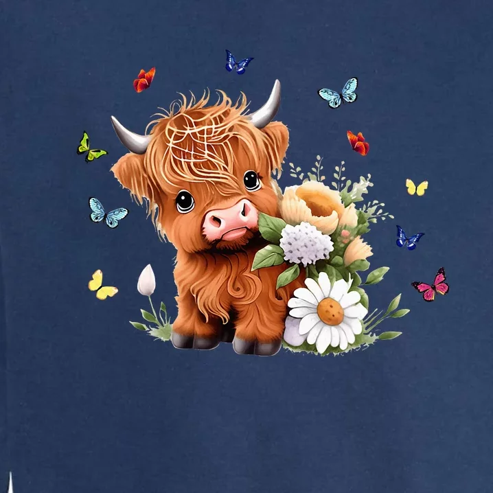 Cute Baby Highland Cow With Flowers Calf Animal Spring Garment-Dyed Sweatshirt