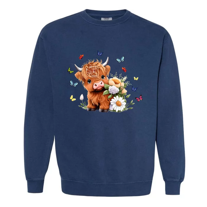 Cute Baby Highland Cow With Flowers Calf Animal Spring Garment-Dyed Sweatshirt