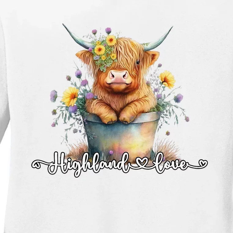 Cute Baby Highland Cow Calf Highland Love Spring Pastel Ladies Long Sleeve Shirt