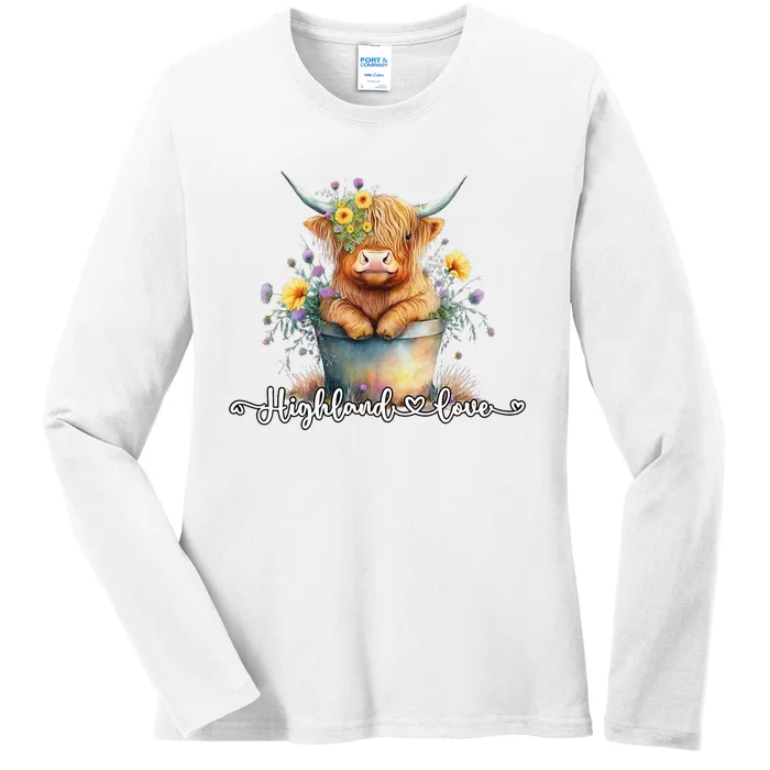 Cute Baby Highland Cow Calf Highland Love Spring Pastel Ladies Long Sleeve Shirt