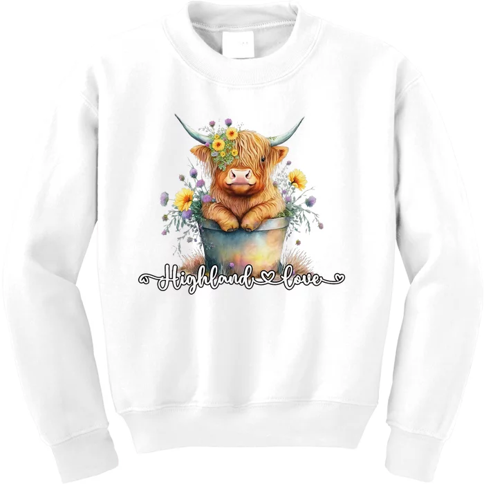 Cute Baby Highland Cow Calf Highland Love Spring Pastel Kids Sweatshirt