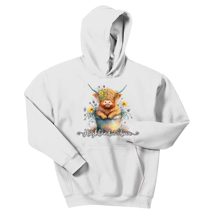 Cute Baby Highland Cow Calf Highland Love Spring Pastel Kids Hoodie