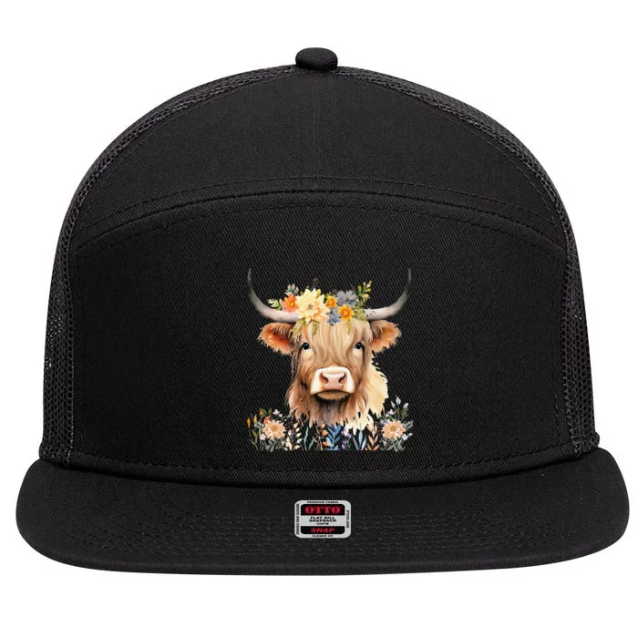 Cute Baby Highland Cow With Flowers Calf Animal Cow Women 7 Panel Mesh Trucker Snapback Hat