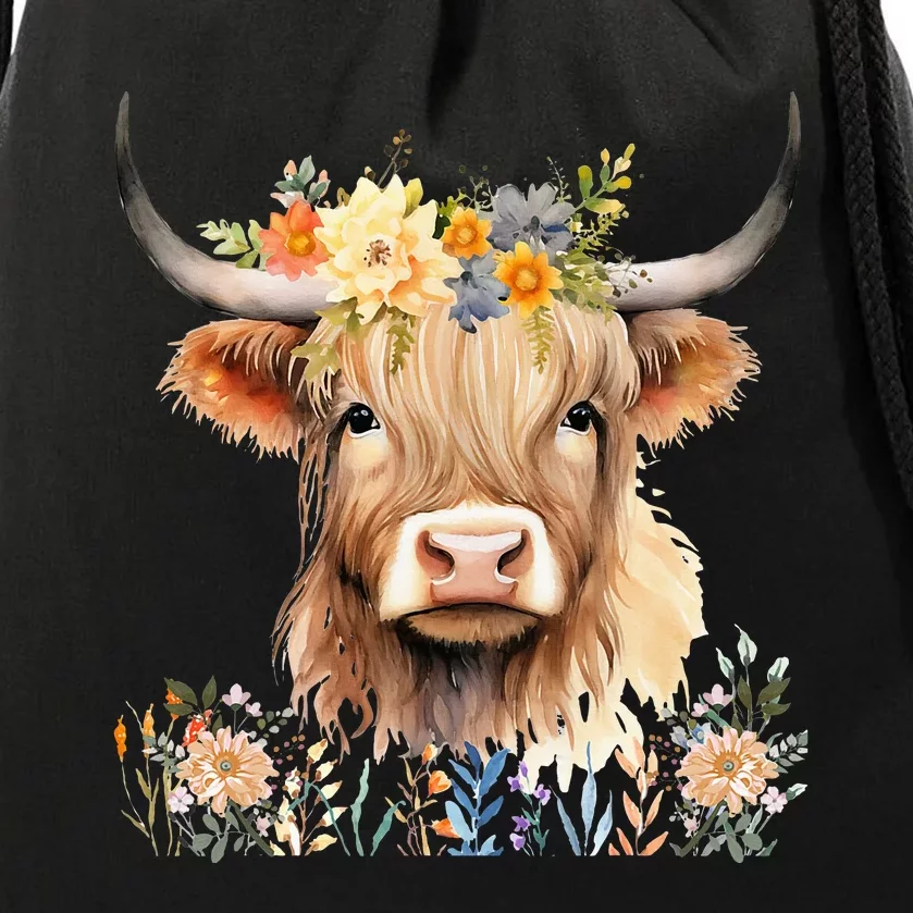 Cute Baby Highland Cow With Flowers Calf Animal Cow Women Drawstring Bag