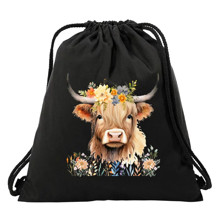 Cute Baby Highland Cow With Flowers Calf Animal Cow Women Drawstring Bag