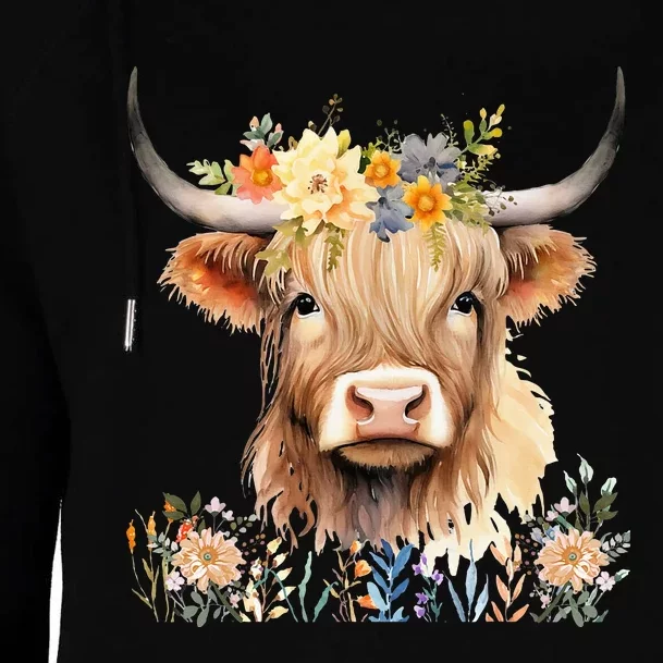 Cute Baby Highland Cow With Flowers Calf Animal Cow Women Womens Funnel Neck Pullover Hood