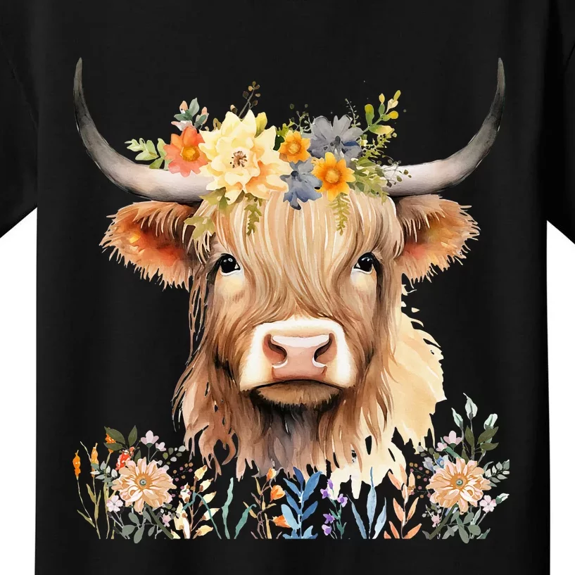 Cute Baby Highland Cow With Flowers Calf Animal Cow Women Kids T-Shirt