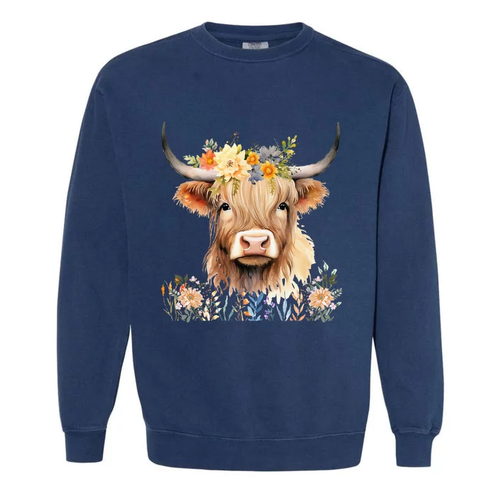 Cute Baby Highland Cow With Flowers Calf Animal Cow Women Garment-Dyed Sweatshirt