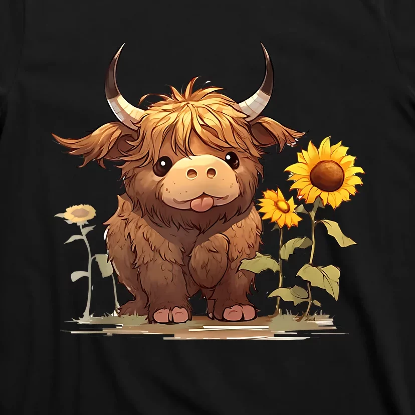 Cute Baby Highland Cow With Sunflowers Calf Animal Farm T-Shirt