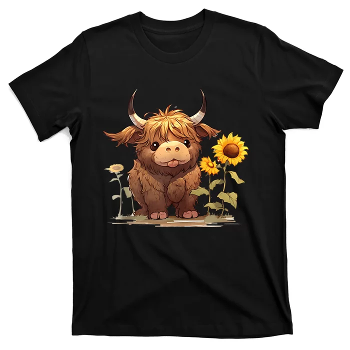 Cute Baby Highland Cow With Sunflowers Calf Animal Farm T-Shirt