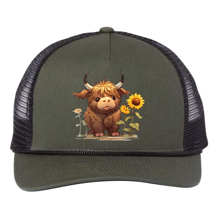 Cute Baby Highland Cow With Sunflowers Calf Animal Farm Retro Rope Trucker Hat Cap