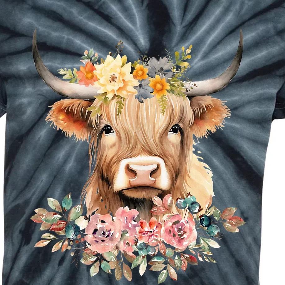 Cute Baby Highland Cow With flowers Calf Animal Christmas Kids Tie-Dye T-Shirt