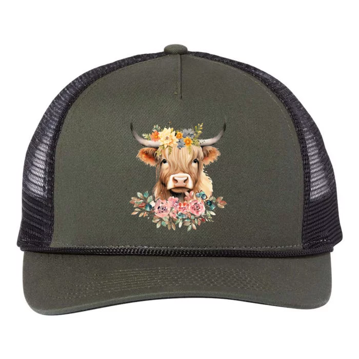 Cute Baby Highland Cow With flowers Calf Animal Christmas Retro Rope Trucker Hat Cap