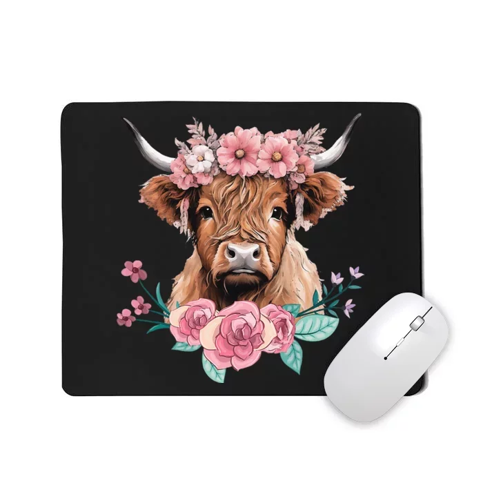 Cute Baby Highland Cow With Flowers Calf Animal Cow Women Mousepad