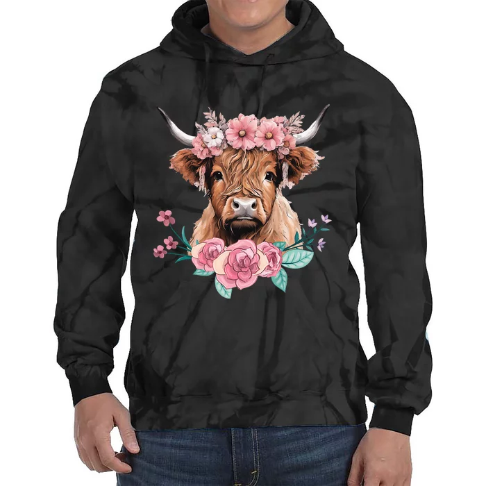 Cute Baby Highland Cow With Flowers Calf Animal Cow Women Tie Dye Hoodie