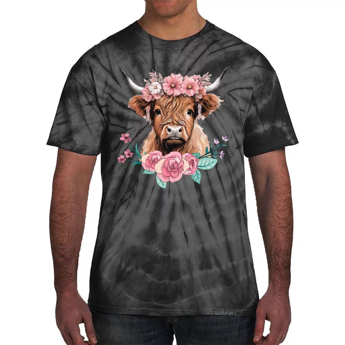 Cute Baby Highland Cow With Flowers Calf Animal Cow Women Tie-Dye T-Shirt