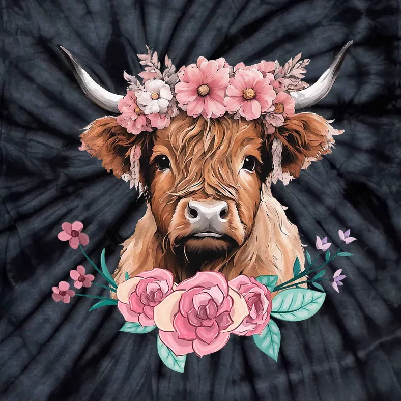 Cute Baby Highland Cow With Flowers Calf Animal Cow Women Tie-Dye T-Shirt