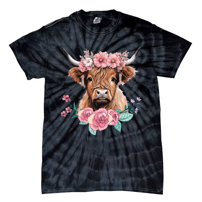 Cute Baby Highland Cow With Flowers Calf Animal Cow Women Tie-Dye T-Shirt