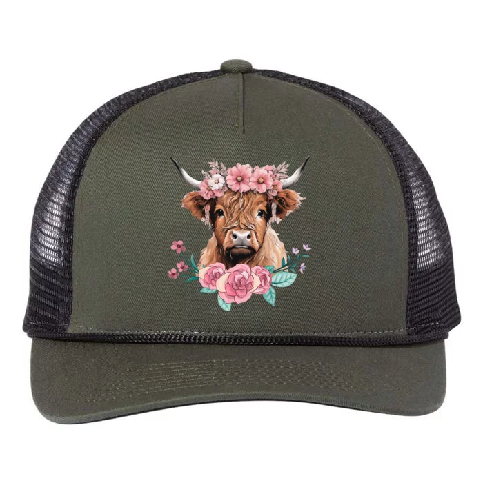 Cute Baby Highland Cow With Flowers Calf Animal Cow Women Retro Rope Trucker Hat Cap