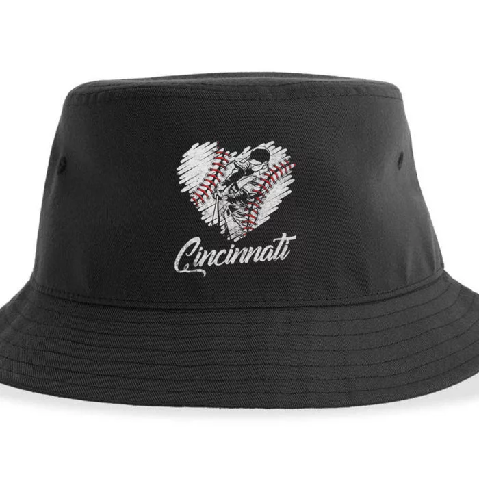 Cincinnati Baseball Heart Distressed Vintage Baseball Fans Sustainable Bucket Hat