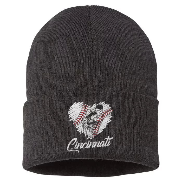 Cincinnati Baseball Heart Distressed Vintage Baseball Fans Sustainable Knit Beanie