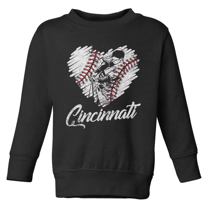 Cincinnati Baseball Heart Distressed Vintage Baseball Fans Toddler Sweatshirt