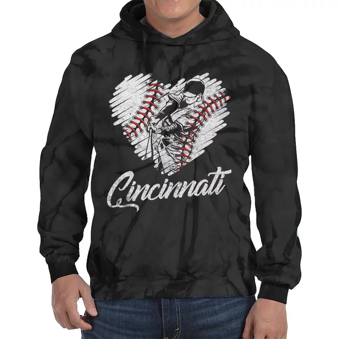 Cincinnati Baseball Heart Distressed Vintage Baseball Fans Tie Dye Hoodie