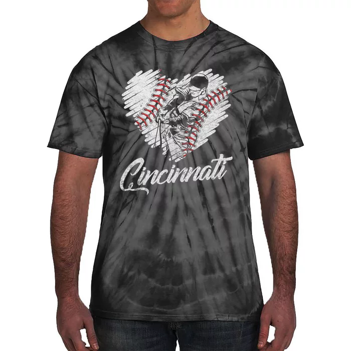 Cincinnati Baseball Heart Distressed Vintage Baseball Fans Tie-Dye T-Shirt