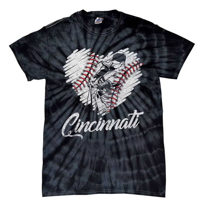 Cincinnati Baseball Heart Distressed Vintage Baseball Fans Tie-Dye T-Shirt