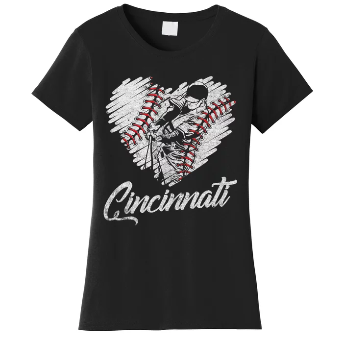 Cincinnati Baseball Heart Distressed Vintage Baseball Fans Women's T-Shirt