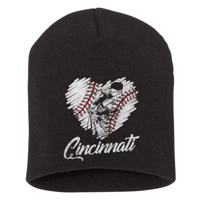 Cincinnati Baseball Heart Distressed Vintage Baseball Fans Short Acrylic Beanie