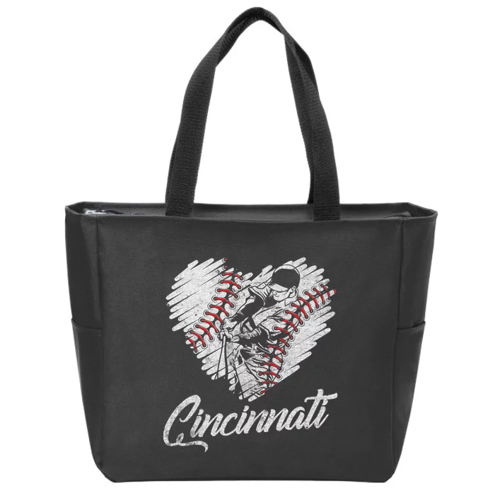 Cincinnati Baseball Heart Distressed Vintage Baseball Fans Zip Tote Bag