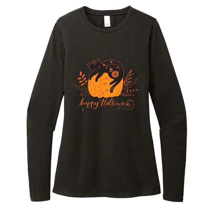 Cute Boho Halloween Black Cat Fall Pumpkin Womens CVC Long Sleeve Shirt