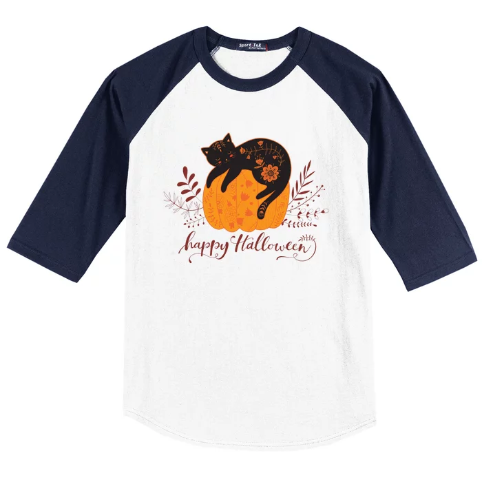 Cute Boho Halloween Black Cat Fall Pumpkin Baseball Sleeve Shirt